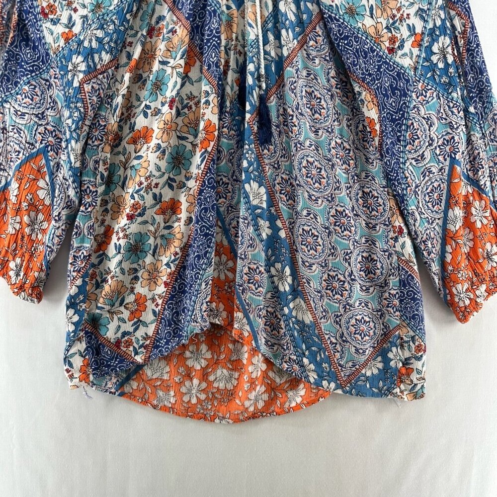 Lola P. Top Size L Peasant Boho Floral Blouse Shirred Tasseled Slit Sleeve Blue - Picture 4 of 10